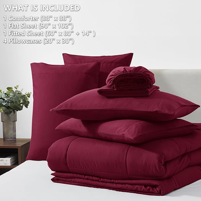 CozyLux Queen Comforter Set Burgundy, 7 Pieces Bed in a Bag, Red Comforter Queen Size, All Season Bedding Sets with Stitch Quilted Comforter, Flat Sheet, Fitted Sheet, Pillowcases
