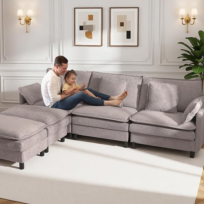 Claiks 110" Modular Sectional Sofa, Cloud Couch with Ottoman, U-Shaped 5-Seater Sofa in Chenille Fabric, Deep Seat Comfy Couch with Pillows for Living Room & Offices, Light Gray