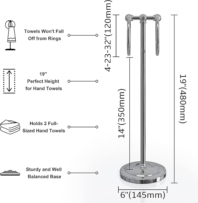 BGL Fingertip Towel Holder Stand Hand Towel Ring for Bathroom or Kitchen Vanity Countertops to Store Hand Towels Washcloths or dishcloths - 2 Hanging Rings，17" High-Chrome