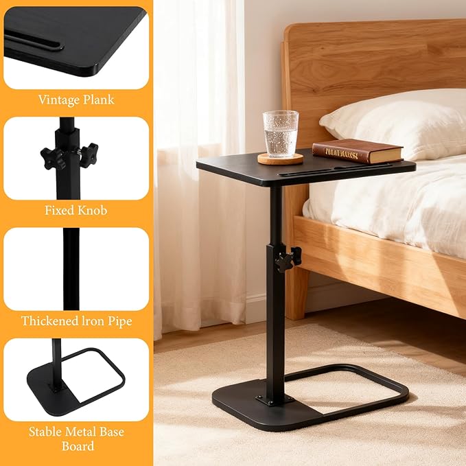 jessie Tv Tray Table, Adjustable Tray Table for Couch 360° Swivel C Shaped End Table with Phone Tablet Slot for Living Room, Sofa, Bedside, Bathroom (Black)