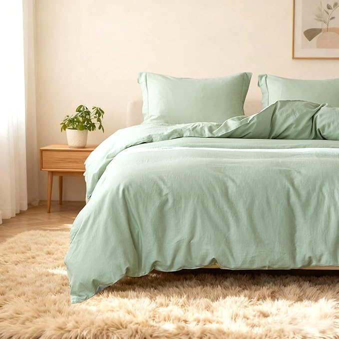 Simple&Opulence French Linen Duvet Cover Set 68" x 86"- 2 Pieces (1 Comforter Cover,1 Pillowcase)- Natural Flax Cotton Blend-Solid Color Breathable Farmhouse Bedding-Mint Green, Twin