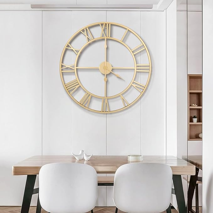 1st owned Large Wall Clock Metal Retro Roman Numeral Clock, Modern Round Wall Clocks Almost Silent, Easy to Read for Living Room/Home/Kitchen/Bedroom/Office/School Decor (Gold, 24 Inch)