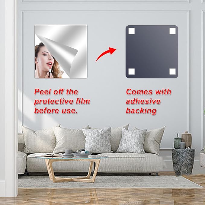 4 Pack Wall Mirror Full Length, 14 x 14 Inch Unbreakable Acrylic Mirror Tiles, Shatterproof Flexible Plastic Mirror Sheets for Bedroom Home Gym Door (4P 14"x14")