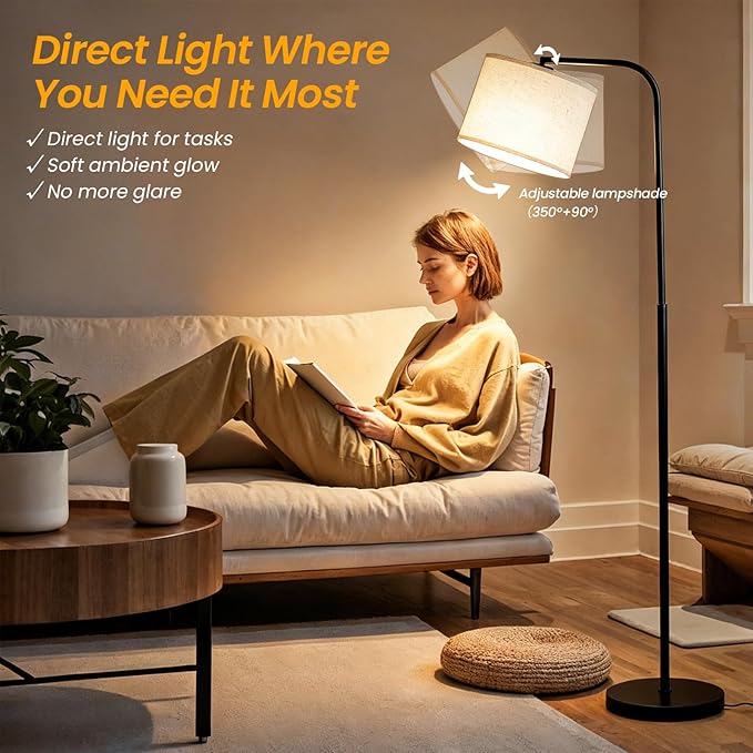 Floor Lamp for Living Room and Bedroom - Modern Standing Lamps Tall with Led Blub and Dimmable Light - Black Arc Room Lights with Shade for Home Decor, Office, Corner and Reading