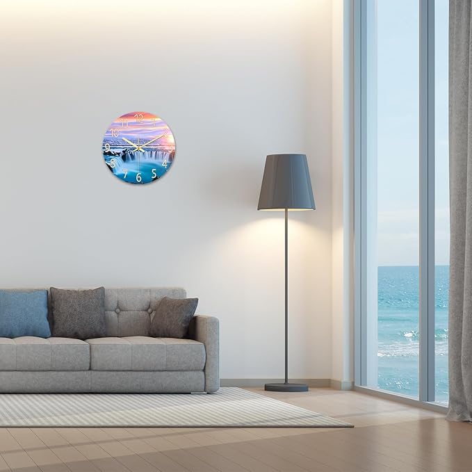 XNM Modern Blue Beach Wall Clocks Battery Operated 12 Inch Round Decorative Wall Clock for Living Room Quiet Waterfall Wall Clock