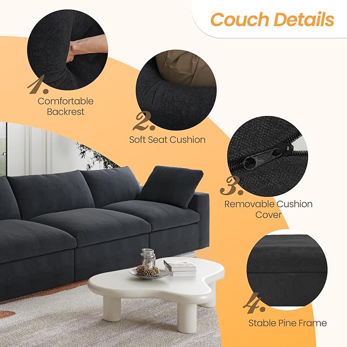 JACH 3-Seater Modular Sectional Sofas for Living Room, Modern Convertible Cloud Couches, Cushion Covers Removable, Free Combination Module Sectional Couch for Living Room Bedroom Apartment, (Black)
