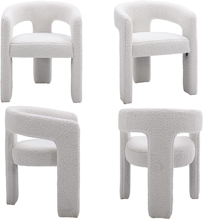 Modern Sherpa Dining Chairs Set of 6, Upholstered Barrel Chairs with Arms Comfy Accent Side Chairs for Living Room/Dining Room/Reception, White
