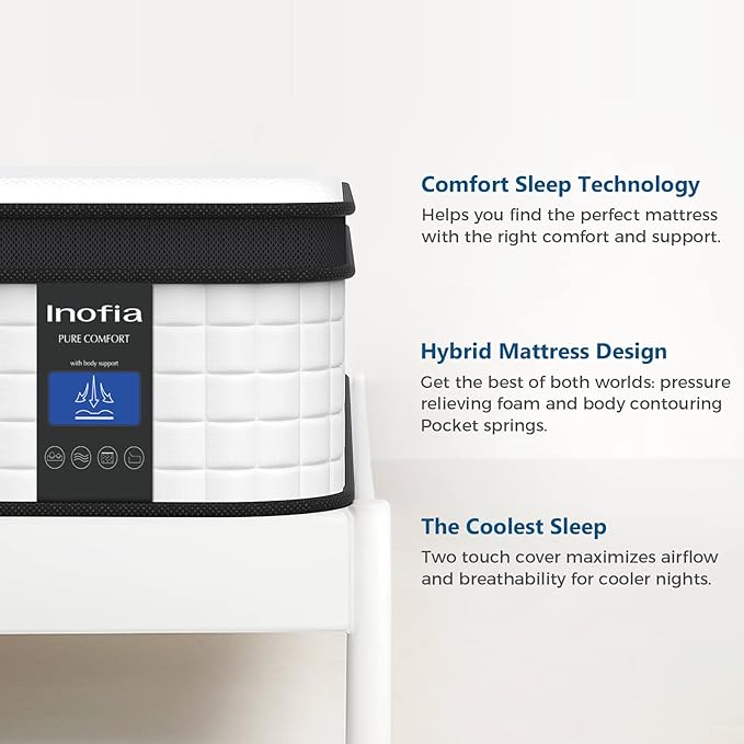 Inofia Twin Mattress, 10 Inch Hybrid Innerspring Single Mattress Cool Twin Bed Supportive & Pressure Relief, Breathable Soft Knitted Fabric Cover, Medium Firmness