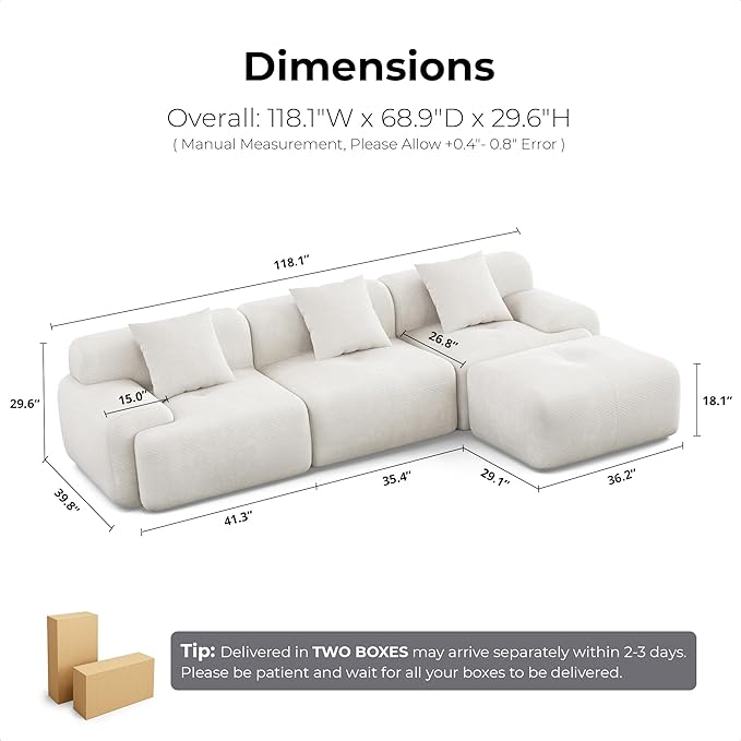 LIKIMIO 118" Modern L-Shaped Modular Sectional Sofa for Living Room, Oversized 3-Seater Cloud Boneless Couch with Deep Seat and Movable Ottoman, Corduroy Upholstery, No Assembly