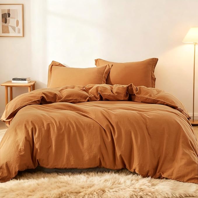 Simple&Opulence French Linen Duvet Cover Set 104"x 92"- 3 Pieces (1 Comforter Cover,2 Pillowcases)-Natural Flax Cotton Blend-Solid Color Breathable Farmhouse Bedding-Rust, King