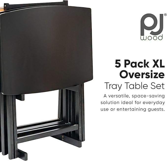 PJ Wood 5 Pack XL Oversize Tray Table for Living Room or Kitchen, Indoor TV Tray Set for Small Spaces and Family Gatherings, Black