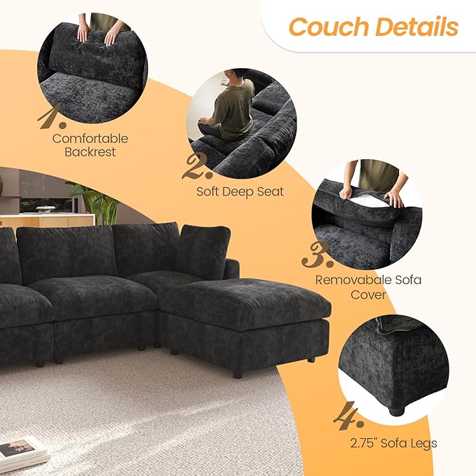 JACH U Shape Sectional Couches for Living Room, Convertible Modular Sofa with Ottomans, Cloud Sectional Couch, Sofa Covers Washable, Minimalist Couch for Living Room, Apartment, Black