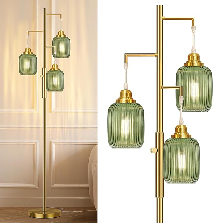 Rottogoon Dimmable Gold Floor Lamp for Living Room- 3 Light Green Glass Floor Lamps, Vintage Brass Tree Floor Lamps with 3X 6W LED Bulbs, Modern Standing Tall Lamp for Bedroom, 68", Gold & Green Glass