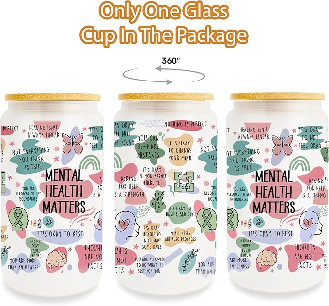 Mental Health Gifts for Women Friends, 16Oz Can Glass Cups with Lid and Straw, Inspirational Affirmations Gift, Sobriety Motivational Gifts for Female Coworker, Birthday Gifts for Women Friendship