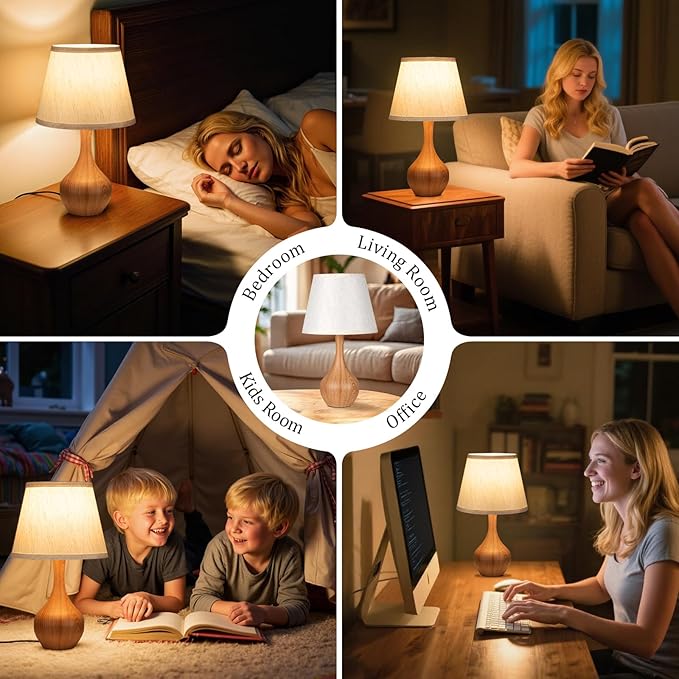 Seealle Touch Table Lamps for Nightstand, 3-Way Dimmable Small Bedroom Lamps for Night Stands, Wood Bedside Lamps for Living Room, Kids Room, End Table(LED Bulb Included)