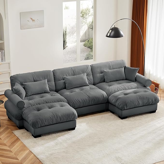 Grey Ottoman for Modular Sectional Sofa, Velvet Fabric Seat for Oversized Sectional Couches for Living Room Bedroom Apartment, Cloud Sofa Couch, Sofá para Sala