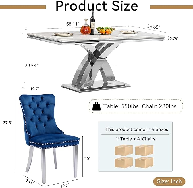 Modern White Marble Dining Table Set for 4,5-Piece Kitchen Table and Chairs for 4,Luxury Silver Dining Room Table Set w/68" Rectangle Dinner Table & 4 Blue Velvet Chairs for Kitchen Dining Room