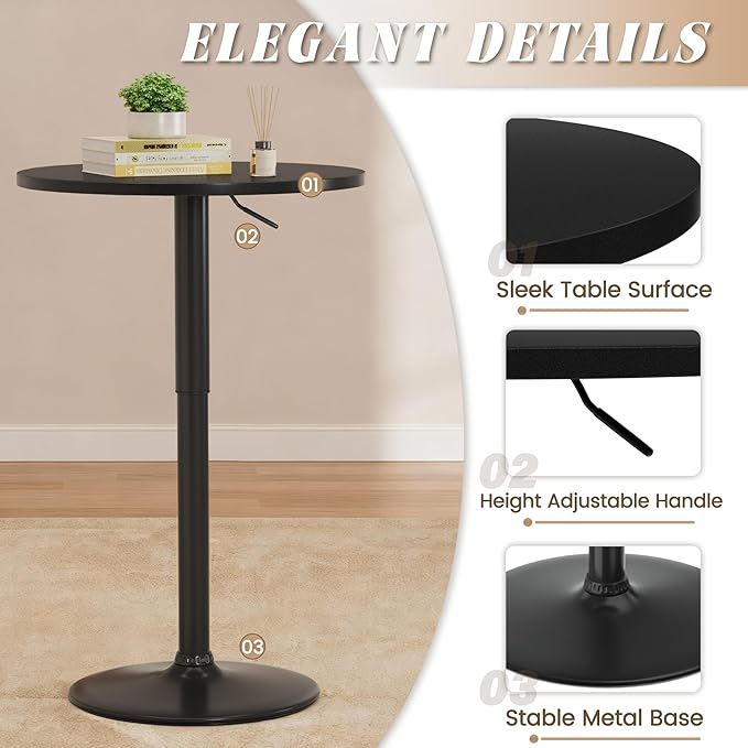 Shahoo Round Bar Table, Adjustable Height and 360° Swivel Bistro Pub Table, Cooktail Table for Bar, Bistro, Dining Room, Black