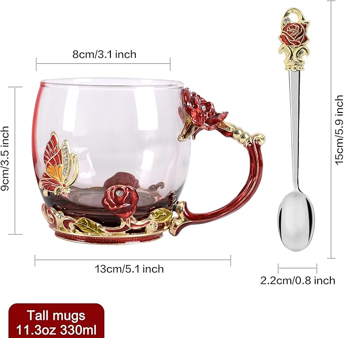 Flower Tea Cup Glass Coffee Mugs with Spoon, Valentines Day Gifts for Wife and Mother, Personalized Gifts for Gift Mother's day, Valentine's Day (11oz)