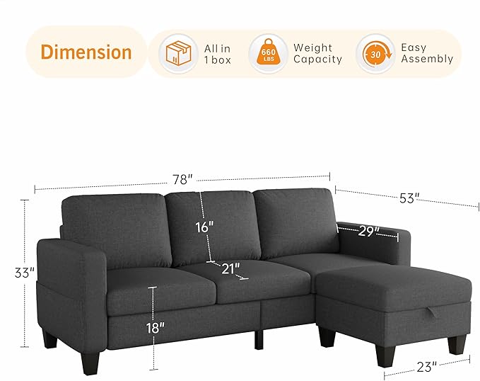 Sectional Sofa Couches for Living Room, 78'' Dark Grey 3 Seater L-Shaped Couch with Storage Ottoman, Comfy Fabric Convertible Sectionals Sofas with Chaise for Apartment, Office, Small Space