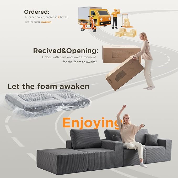 INGEROOM 108" Cloud Sectional Couch with Chaise, Modular L-Shaped Sofa Deep Seat Comfy Corduroy Memory Foam Couch for Living Room Bedroom, No Assembly Required, Dark Gray