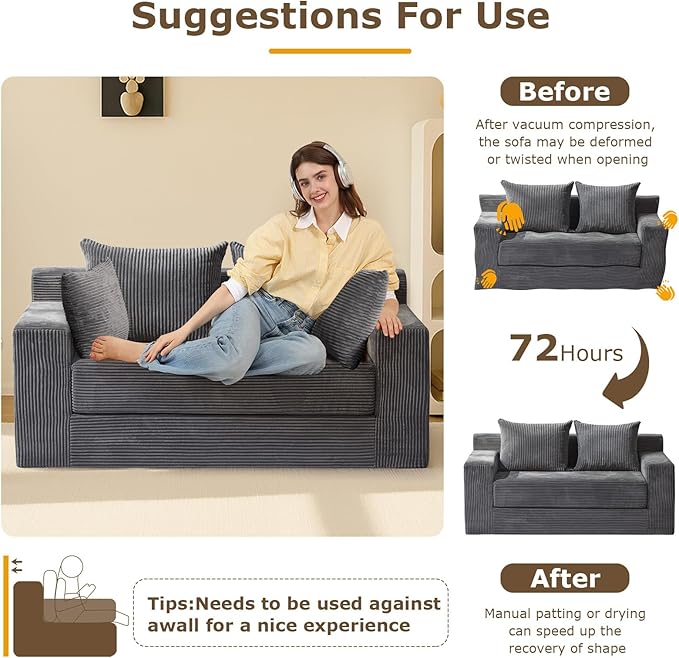 Convertible Sofa Bed, 3 in 1 Loveseat Folding Couch Bed Foldable - Chaise Lounge Chair & Floor Futon Sleeper, Corduroy Pull Out Sofa Bed with 4 Pillows for Living Room, Black
