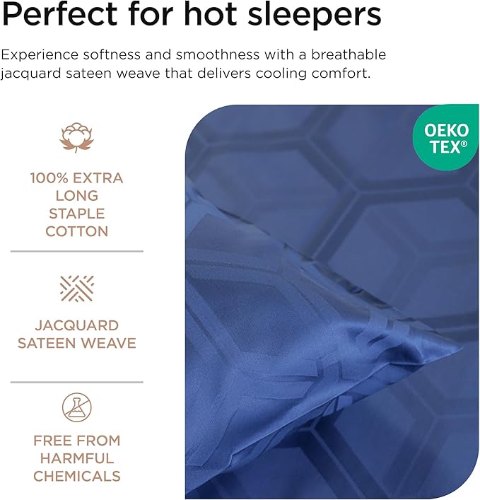 Threadmill 100% Cotton Sheets for King Size Bed - 600 Thread Count King Bed Sheets Set with 16” Deep Pocket - Jacquard Sateen Weave 4-Piece Bedding Set with Cooling Effect, Folkstone Blue