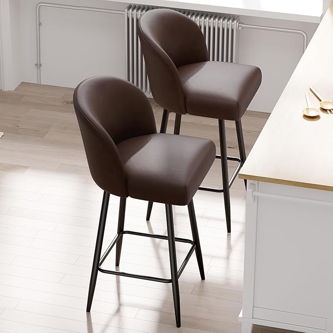 Counter Height Bar Stools Set of 2,360° Swivel Barstools with High Back and Metal Legs,26" Seat Height, Upholstered PU Leather Bar Chairs for Kitchen Island, Dining Room,Cafes,Dark Brown