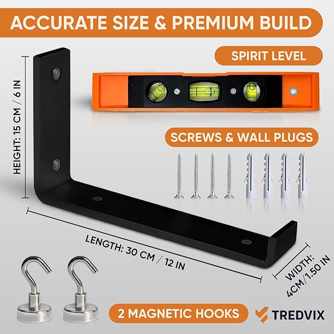 12 Inch Heavy Duty Wall Shelf 0,2" Thick, Black Shelf Bracket, Wall Brackets for Shelves + Built-in Level & 2 Magnetic Hooks, Matte Black Powder-Coated Carbon Steel, Metal Garage Shelves Wall Mounted