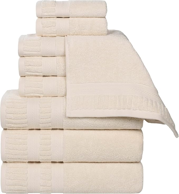 Superior Venice Zero Twist Cotton Medium Weight Towels, for Guest Bath, Bathroom, Shower, Spa, Plush Towels, Bath Essentials, Ribbed Textured Border, 9 Piece Assorted Towel Set, Ivory