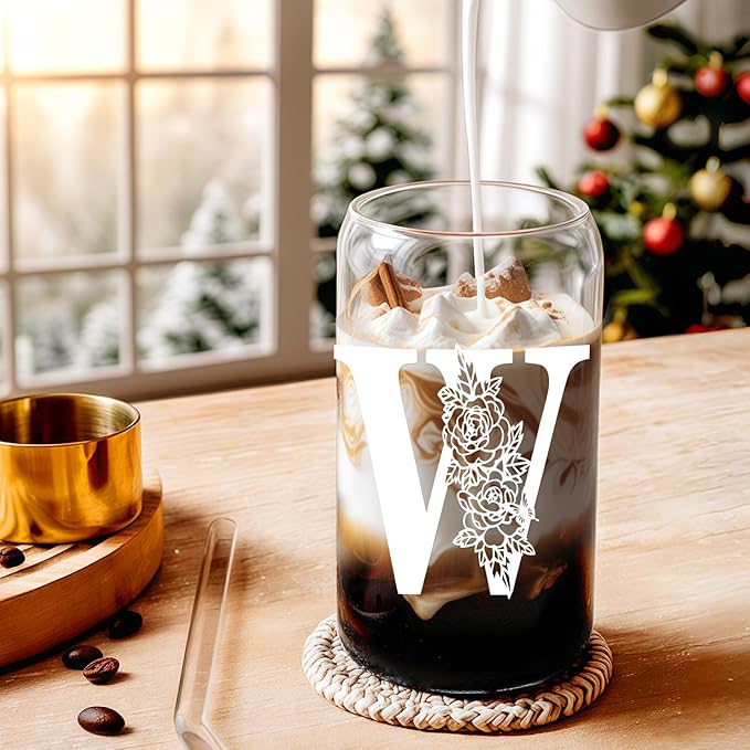 DWTS DANWEITESI Birthday Gifts for Women: Initial Glass Cup as Office Graduation Memorial Holiday Personalized Gifts - for Husband Aunt Uncle Teen Boy Employee Coworkers Him and Her - W Aesthetic Cup