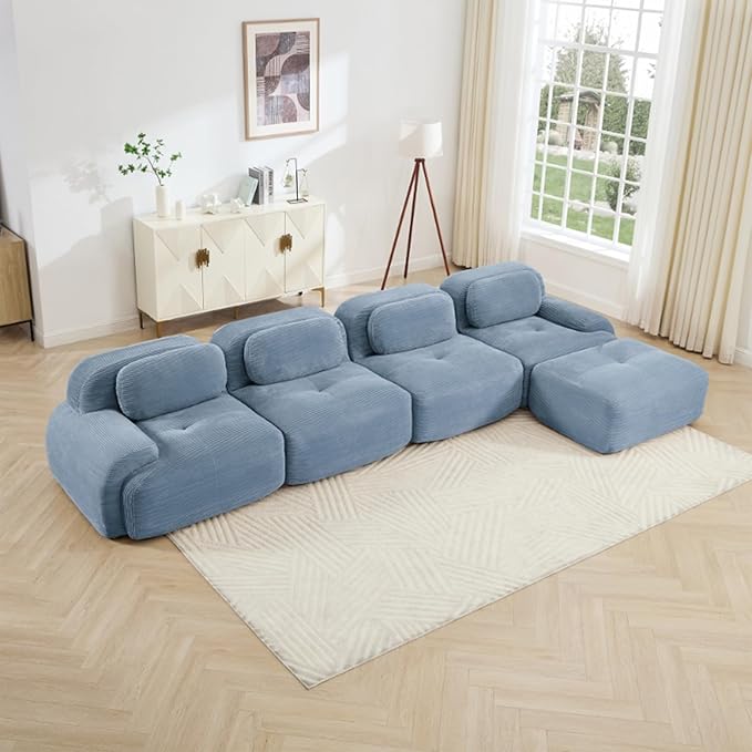 152" Modern Compressed Boneless Couch with Ottoman, 4 Seater Large L Shaped Sectional Couches for Living Room, Blue Corduroy Cloud Modular Sectional Sofa, Memory Foam, Extra Deep, No Assembly