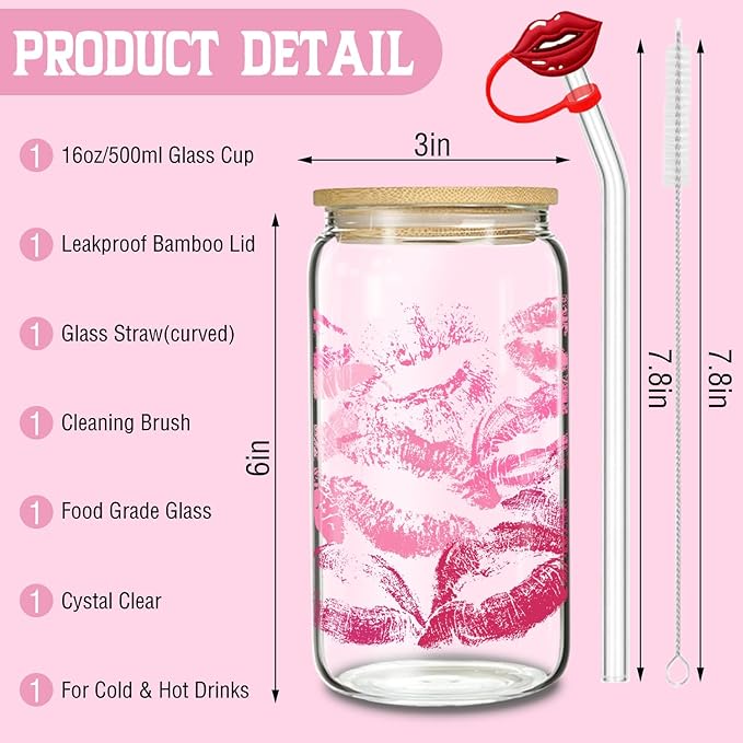 Aesthetic Pink Lipstick Tumbler - 16oz Iced Coffee Glass with Lid, Straw & Brush Set, Cute Coffee Bar Essentials, Elegant Gift Idea for Her, Ready to Gift, One Piece