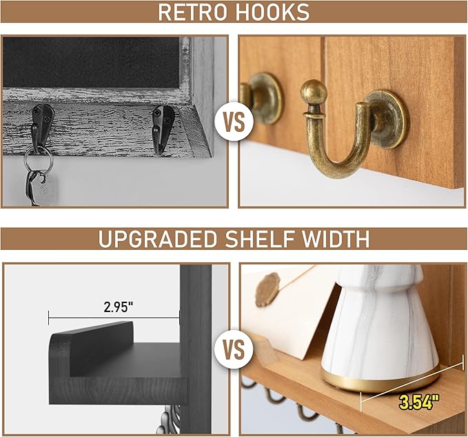 Rebee Vision Decorative Key Holder for Wall Shelf - Farmhouse Wood Wall Hanging Mail Organizer with 7 Sturdy Key Hooks for Home Entryway Decor - Stylish Key Racks (Light Brown)