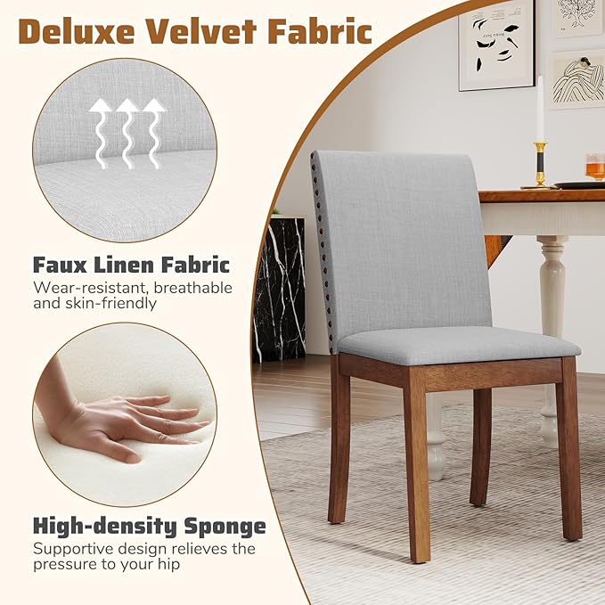 Giantex Upholstered Dining Chairs Set of 2, Kitchen Chair w/Nailhead Trim, Rubber Wood Legs, Padded Seat, Mid Century Armless Side Chair, Comfy Accent Parson Chairs for Restaurant, Living Room