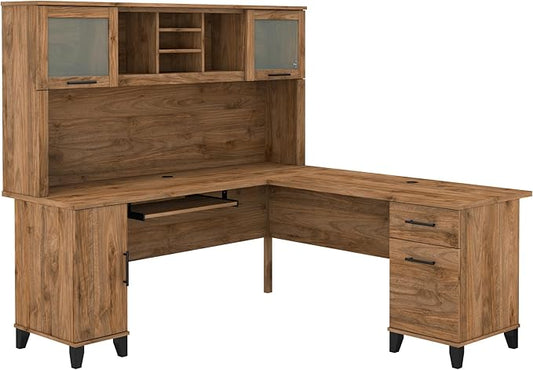 Bush Furniture Somerset L Shaped Desk with Hutch in Fresh Walnut | Corner Computer Table with Drawers, Cabinets and Pullout Keyboard/Laptop Tray for Home Office