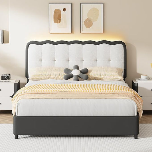 BarnFurin Queen Bed Frame with LED Lights, Queen Size Bed Frame with Headboard LED Lights, Upholstered Platform Bed with Cloud Headboard, No Box Spring Required, Easy Assembly, Black
