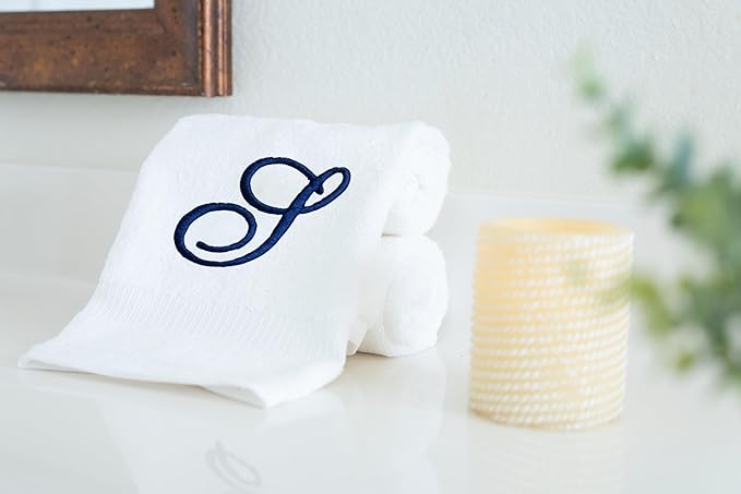 White Monogrammed Hand Towels for Bathroom - Luxury Hotel Quality Personalized Initial Embroidered Towel for Powder Room, Spa - GOTS Organic Certified - Set of 2 Navy Letter S