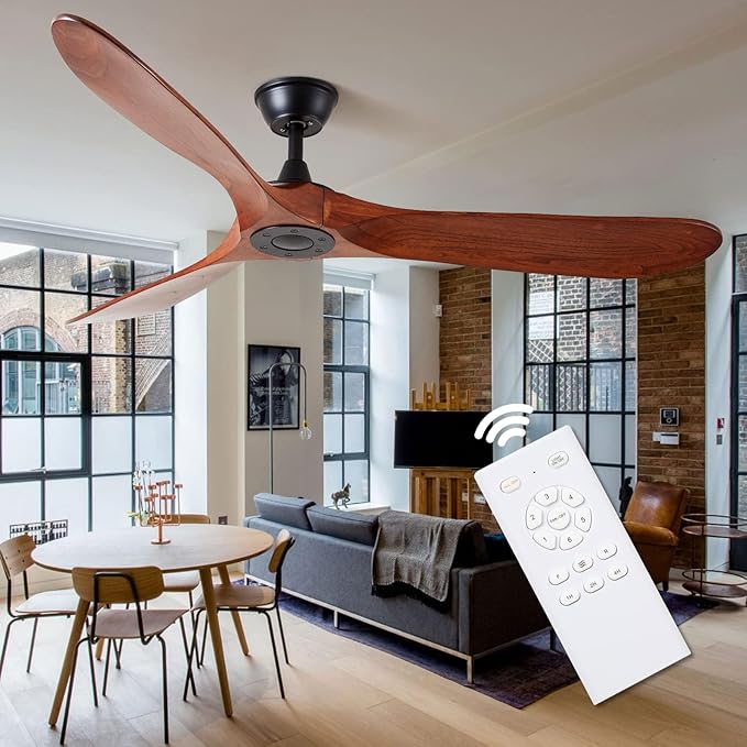 60 inch 3 blade Wood ceiling fan without light, Noiseless Reversible DC Motor Walnut Ceiling Fan Without Light for Farmhouse Patio Living Room Bedroom, Indoor Outdoor Ceiling Fan with Remote
