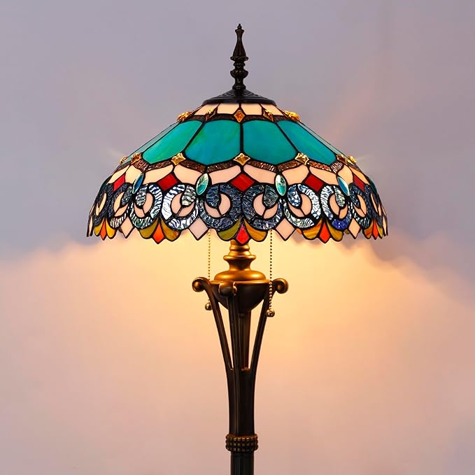Tiffany Floor Lamp Blue Stained Glass Jewelry Baroque Standing Reading Light 16X16X70 Inches Antique Pole Corner Lamp Decor Bedroom Office Living Room