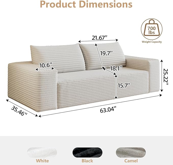 Cloud Loveseat Sofa, Modern Corduroy 2-Seater Couch with Deep Seat, No Assembly Required Memory Foam Sofa, Boneless Sofa in a Box for Bedroom, Apartment, Office,Small Space (White,63in)