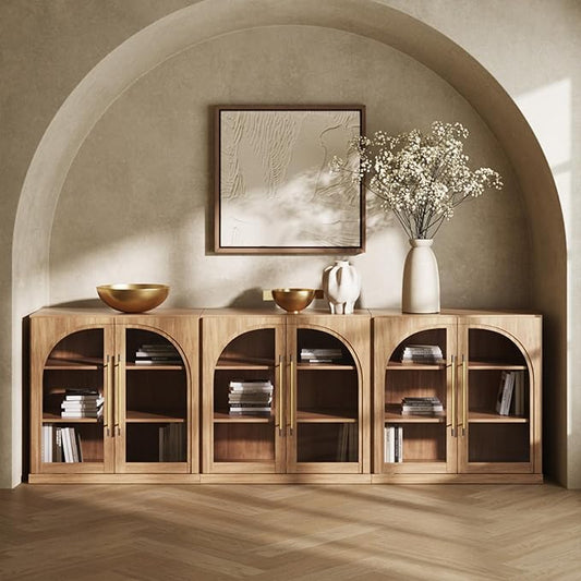 BELLEZE Set of 3 Modular Sideboard with Arched Glass Door, Accent Display Buffet Cabinet with Storage and Adjustable Shelves,Classic Modern Credenza for Dining Room Living Room Entryway (Camel)