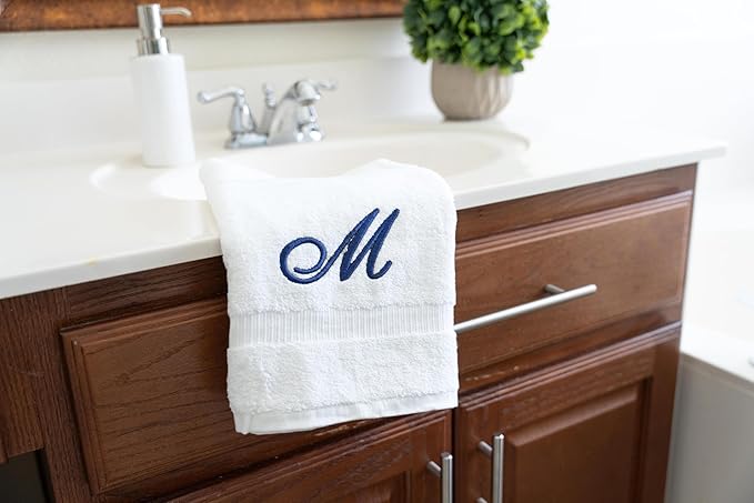 White Monogrammed Hand Towels for Bathroom - Luxury Hotel Quality Personalized Initial Embroidered Towel for Powder Room, Spa - GOTS Organic Certified - Set of 2 Navy Letter M