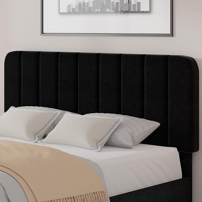 VECELO Full Size Bed Frame with Upholstered Headboard, Velvet Platform Bedframe Mattress Foundation, Strong Wood Slat Support, No Box Spring Needed,Black