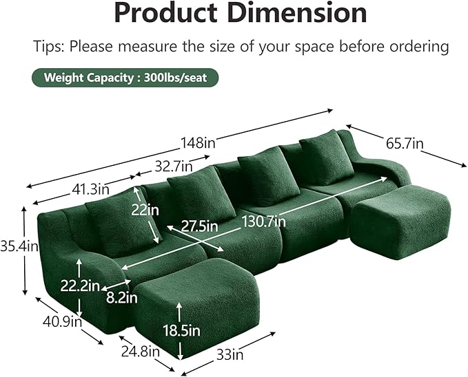 Green U-Shaped Cloud Couch with 2 Ottomans, Modern Teddy Fabric Boneless Sectional Sofa in a Box for Living Room, Modular Floor Couch, Deep Seat, No Assembly Required, Sofas para Sala