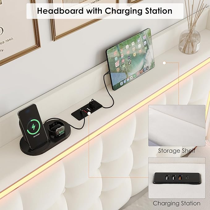 Keyluv Upholstered Queen Floating Bed Frame with RGB LED Lights and Charging Station, Velvet Platform Bed with Button Tufted Storage Headboard, Type-C & USB Charging Ports, No Box Spring Needed, Beige