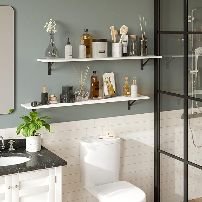 DINZI LVJ Long Wall Shelves, 47.3Inch Wall Mounted Shelves Set of 2, Extra Large Floating Storage Ledges with Sturdy Metal Brackets for Living Room, Bathroom, Bedroom, Kitchen, White
