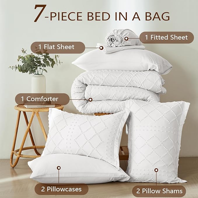White Tufted Comforter Set King Size 7 Piece Bed in a Bag,Shabby Chic Boho Comforter and Sheet Set,All Season Soft Microfiber Complete Bedding Set(White,102"x90")
