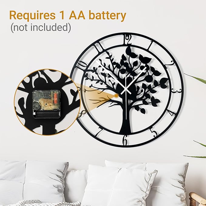 16inch/40cm Tree of Life Large Wall Clocks for Living Room Decor,Bedroom,Battery Operated,Metal,Decorative Analog,Silent,Non Ticking Big Wall Clock(Tree of Life, 16 inches)