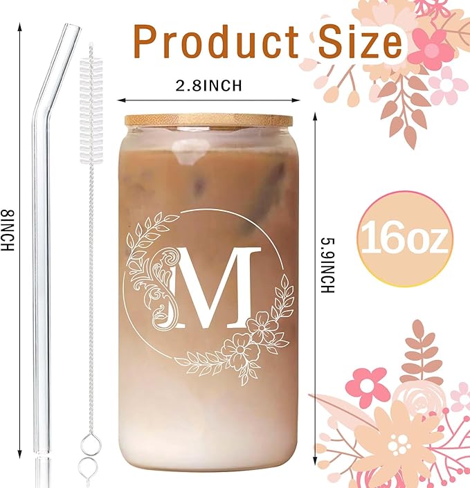 Initial Glass Cup with Engraving Cup Lid Personalized Birthday Gifts for Women Unique Monogrammed Presents Customized Gifts for Women Personalized Presents Presents for Her Mom Friend Birthday